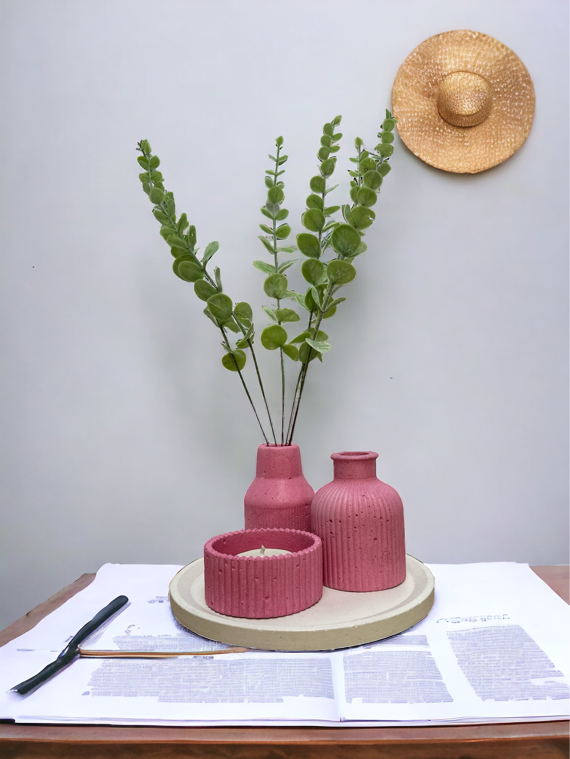 KIT004 BASE/FLOREROS BOTELLA/VELA DE SOYA RAYADA